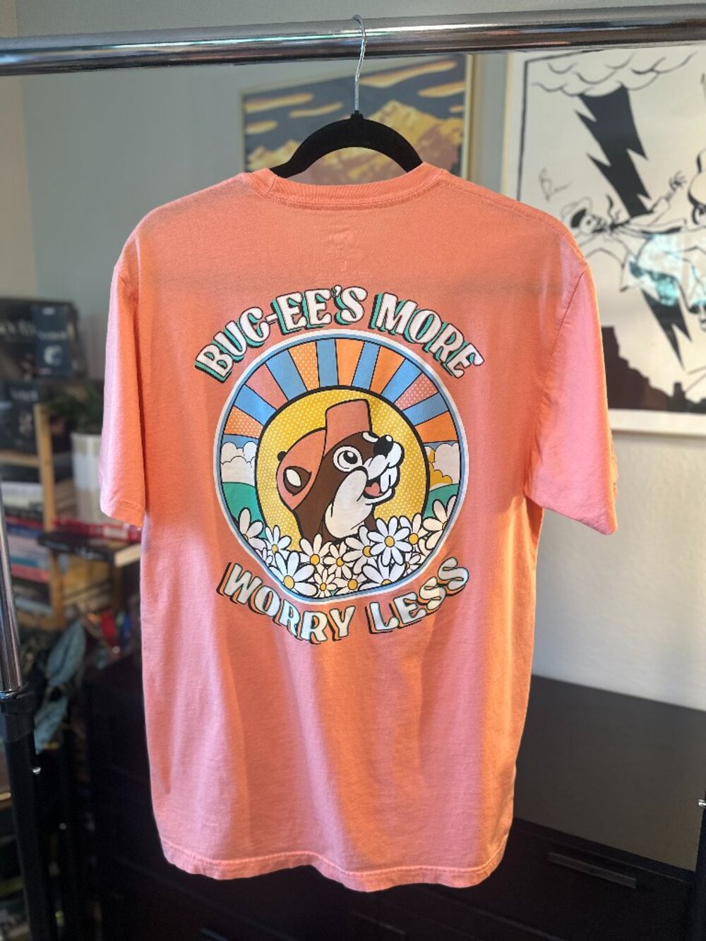 Buc-ee's "Worry Less, Buc-ee's More" Coral-colored T-Shirt